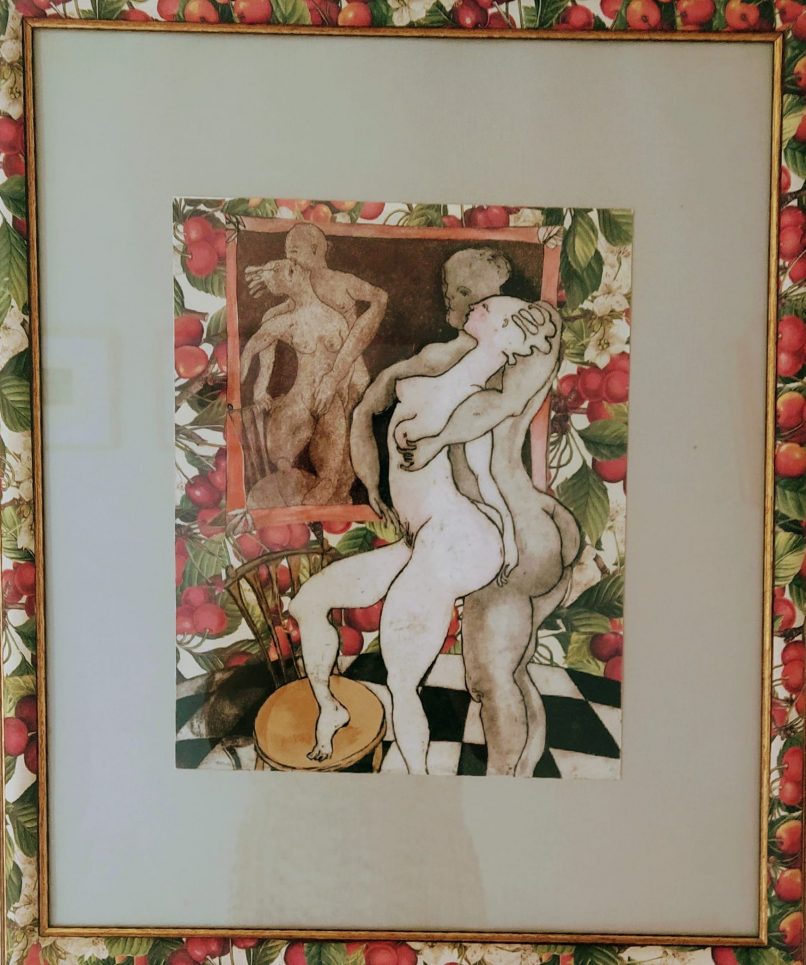 Abrazo ante el espejo.56 x 38.Grabado y collage.Obra original e única.